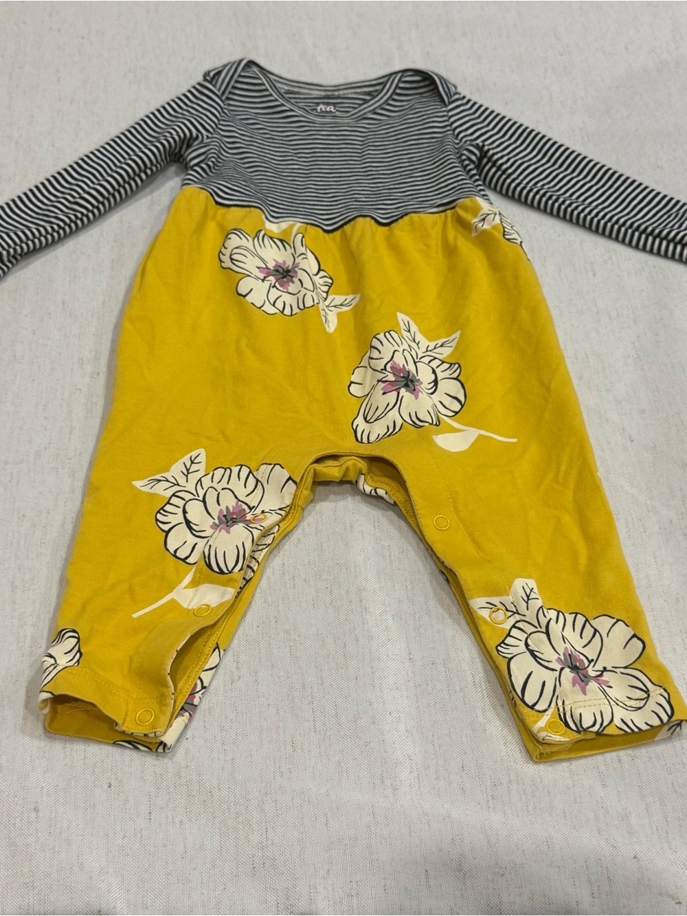 Tea Collection Mustard Floral & Black White Stripe Baby Romper 3-6m 100% Cotton